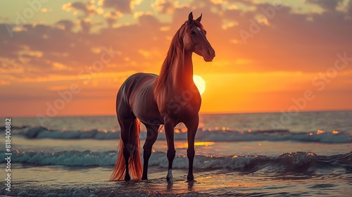 Horse Standing on beach at sunset © Majed