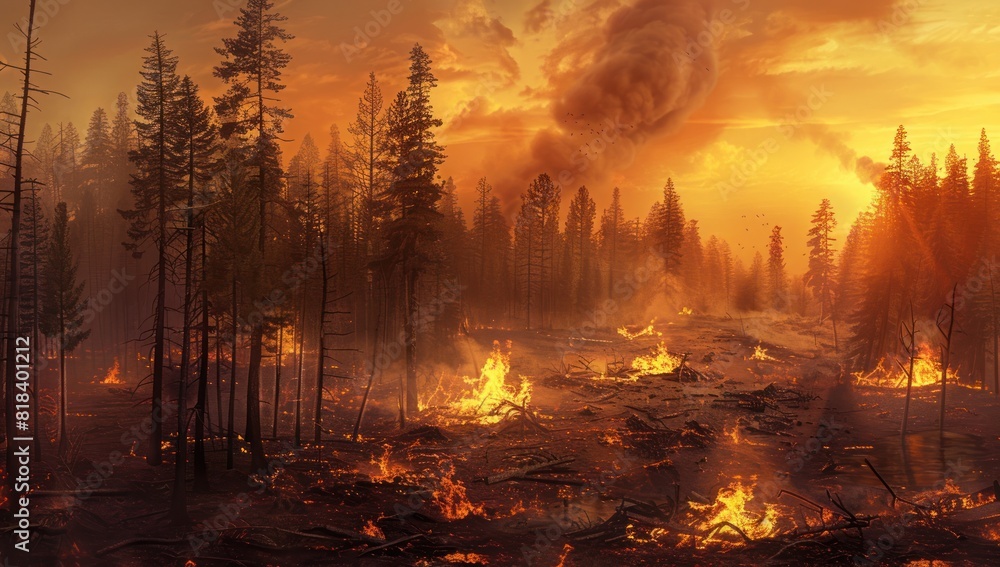 A forest fire in the near future, trees burning and standing on charred ground A forest fire in the near future, trees burning and standing on charred ground