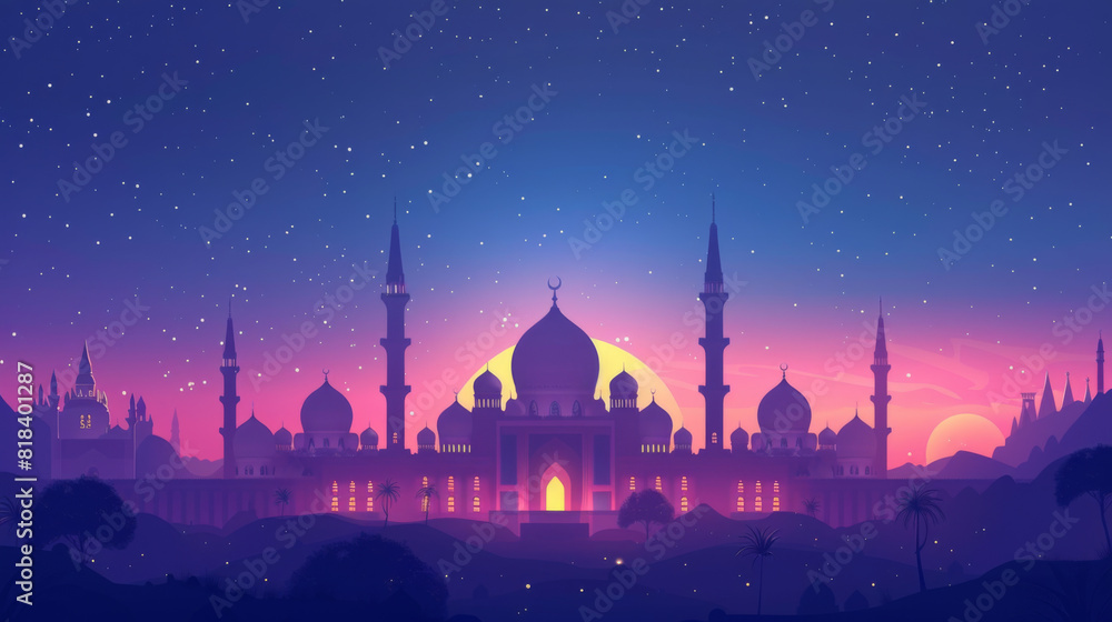 Obraz premium A fantastical illustration of a Middle Eastern city with intricate architecture under a starry twilight sky.