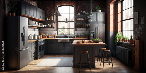 Industrial style kitchen with stainless steel appliances © lali