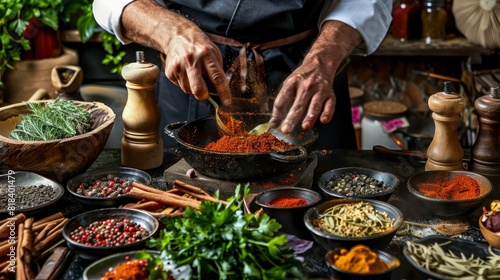 chef preparing a dish with condiments and vegetables in a professional kitchen in high resolution and high quality