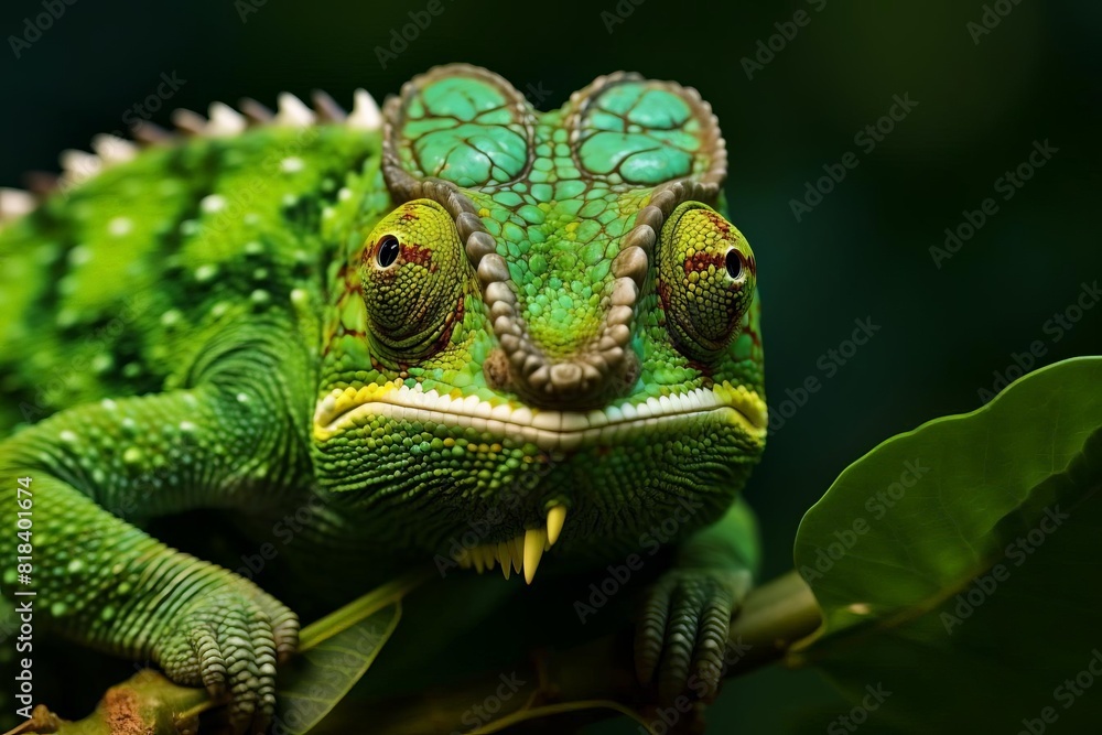 A green lizard with a green head and yellow spots on its body A green lizard with a green head and yellow spots on its body