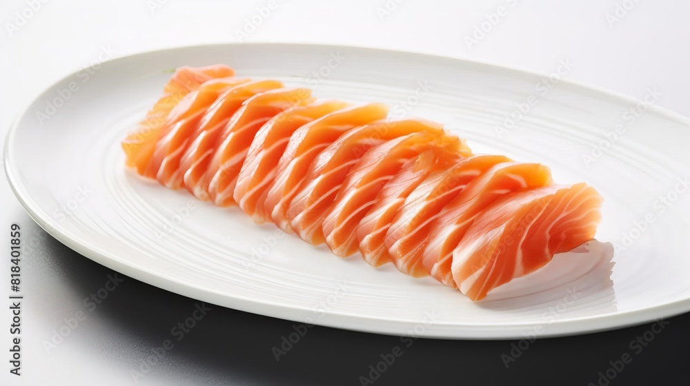 A plate of salmon fillets is cut into thin slices A plate of salmon fillets is cut into thin slices