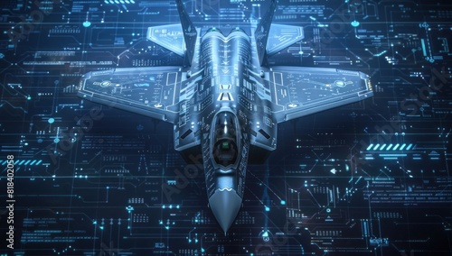 A F20 fighter jet is depicted in the center of an air battle map with data and holographic images against a blue background photo