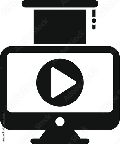 Simplistic black and white icon representing online video streaming on a digital monitor