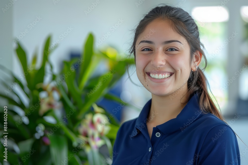 A young mexican community manager wearing a blue polo shirt in a white office, laugh A young mexican community manager wearing a blue polo shirt in a white office, laugh