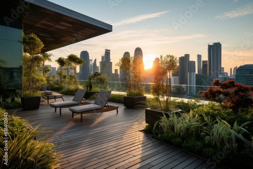 A Tranquil Urban Jungle  A Rooftop Garden Amidst the Skyline of a Contemporary City at Dusk