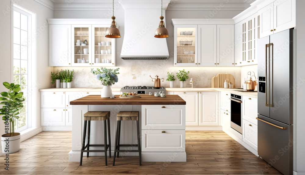 Beautiful Luxury Kitchen Interior in white with wooden floor and kitchen island Beautiful Luxury Kitchen Interior in white with wooden floor and kitchen island