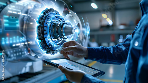 High-Tech Futuristic Technology Concept: Visualization Of Futuristic Airplane Engine Maintenance Conducted by Engineer Holding Digital Tablet Computer. VFX of Analytics Checking the Turbine. PHOTOGRAP photo