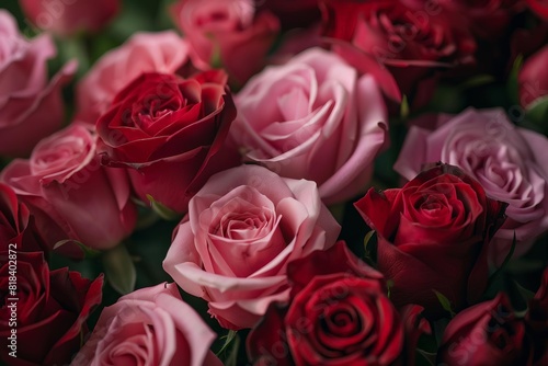 A bouquet of red and pink roses