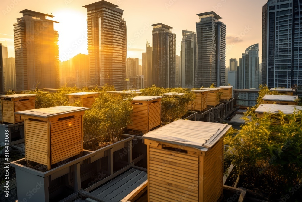 An Urban Oasis: A Rooftop Bee Farm Towering Above the Cityscape Under the Radiant Sunset An Urban Oasis: A Rooftop Bee Farm Towering Above the Cityscape Under the Radiant Sunset