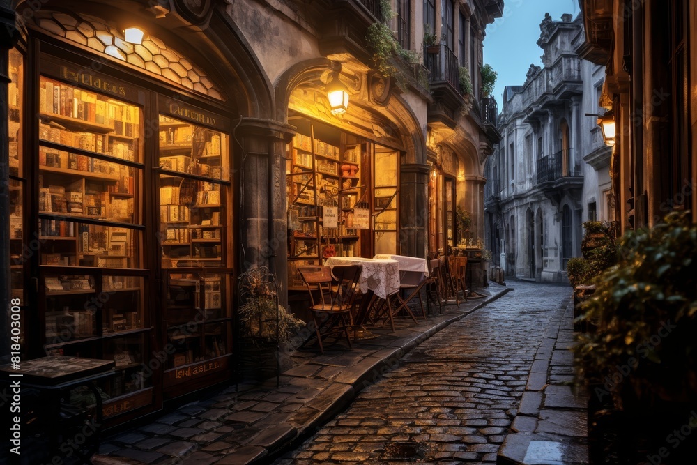 An Old-world Charm: Antique Bookstore Tucked Away in a Brick-lined Alley under the Soft Light of Gas Lamps