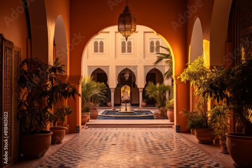 The Warm Glow of Sunset Reflecting off a Traditional Moroccan Riad with a Verdant Courtyard Garden