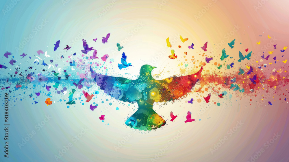 A stunning artistic representation of a dove, transforming into a cascade of multicolored butterflies. A stunning artistic representation of a dove, transforming into a cascade of multicolored butterflies.