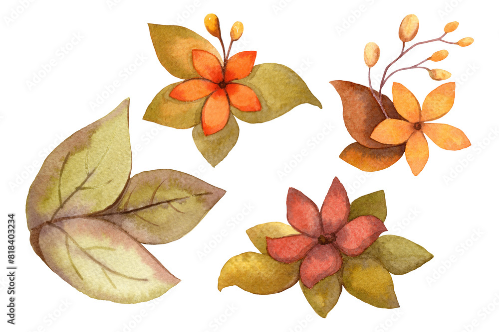 Obraz premium Leaves and flowers watercolor hand drawn isolated fall illustration. Autumn warm colors floral set for package design, greeting card and rustic wedding invitation.