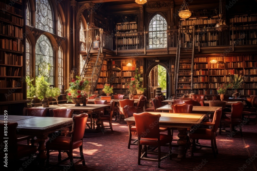 The Serene Ambiance of a Traditional Library Reading Room Bathed in the Warm Glow of Sunlight The Serene Ambiance of a Traditional Library Reading Room Bathed in the Warm Glow of Sunlight
