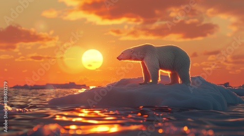 Alone in the Ice: Polar Bear Stranded on Melting Ice Floe with Setting Sun - Global Warming Concept