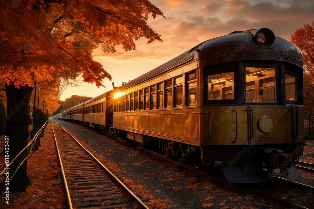 Obraz premium An Antique Train Car Resting on a Rustic Railway Platform Amidst Fall Leaves under a Dusky Sky