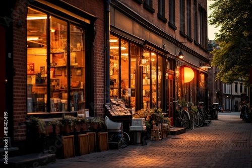 The Melody of Yesteryears: An Antique Record Shop on a Cobblestone Pathway under the Soft Light of Dusk