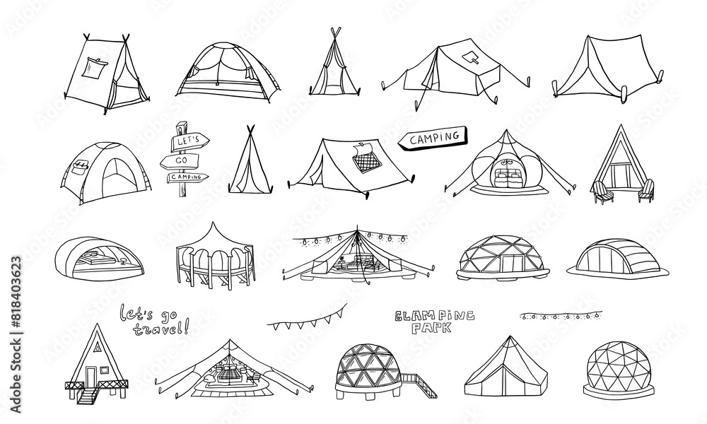 Large set of glamour camping and camping tents in doodle style. Capsule rooms in the mountains, wigwams, glass yurts, bubble rooms. Glamping elements. Luxury Campsites. Travel design. Hand drawn