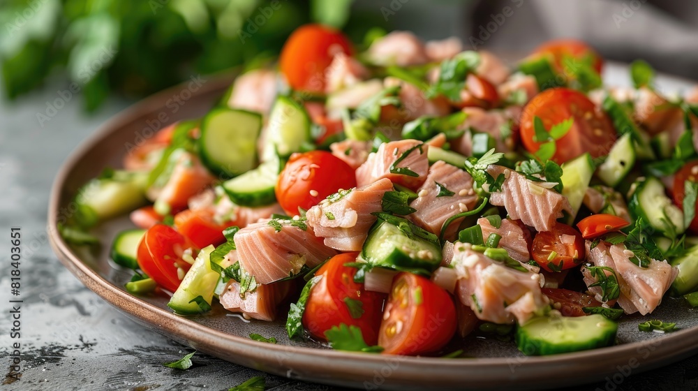 Fresh and delectable tuna salad served on a plate with a medley of vegetables and ripe tomatoes - introducing Atun Ensalada Fresh and delectable tuna salad served on a plate with a medley of vegetables and ripe tomatoes - introducing Atun Ensalada