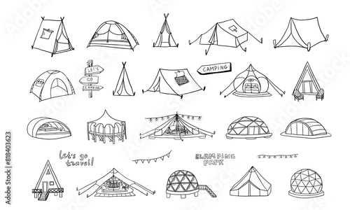 Large set of glamour camping and camping tents in doodle style. Capsule rooms in the mountains, wigwams, glass yurts, bubble rooms. Glamping elements. Luxury Campsites. Travel design. Hand drawn