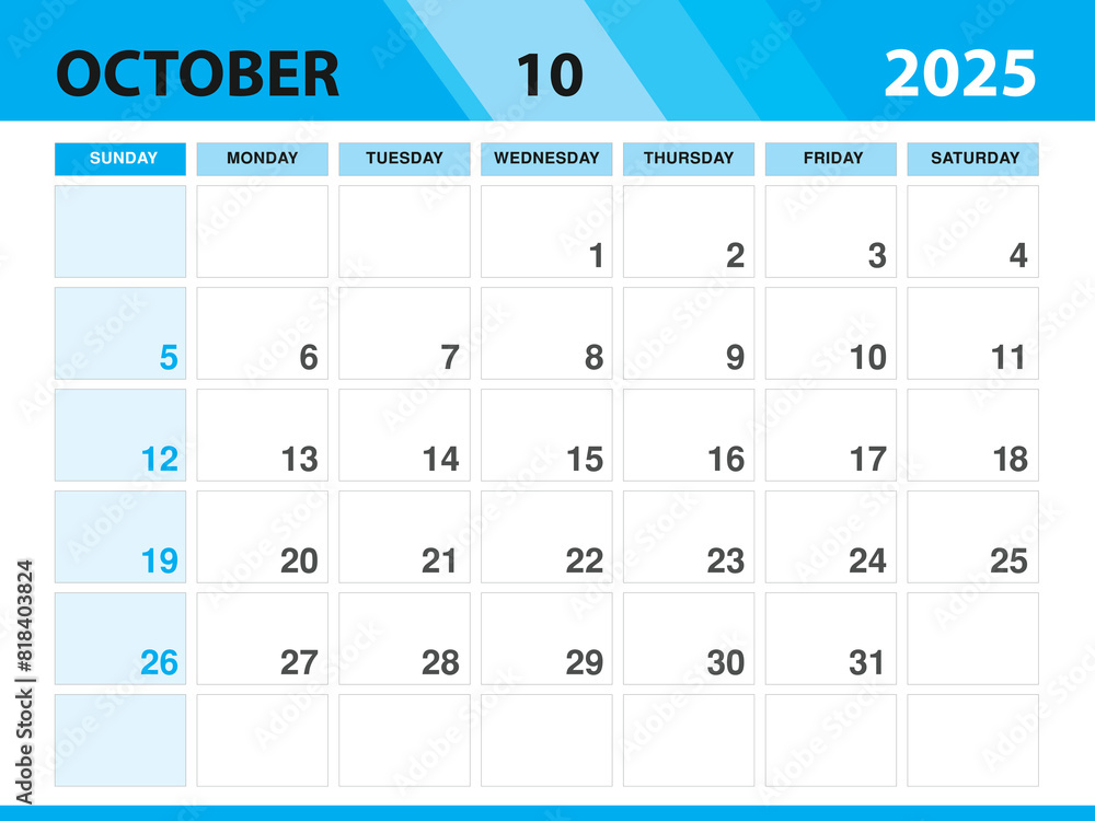 October 2025 template, Calendar 2025 template vector, planner monthly design, Desk calendar 2025