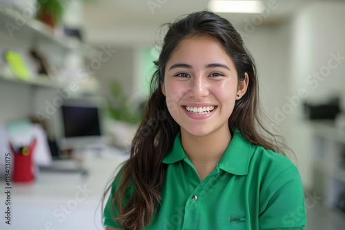 A young mexican community manager wearing a green polo shirt in a white office  laugh
