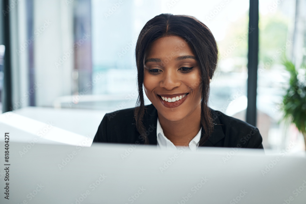 Black woman, face and legal advisor with computer in office for planning, research project and consulting. Happy, lawyer and desktop for justice, data insight and online productivity in law firm Black woman, face and legal advisor with computer in office for planning, research project and consulting. Happy, lawyer and desktop for justice, data insight and online productivity in law firm