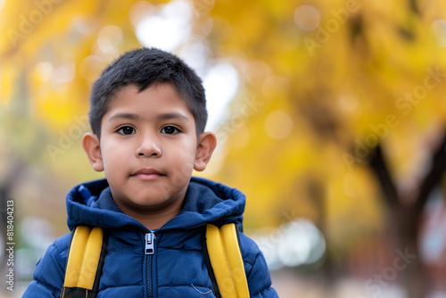 Happy Latino Boy with Backpack Outside Ready for Back to School or Hiking Adventure