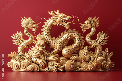 golden chinese dragons home decor  on red background