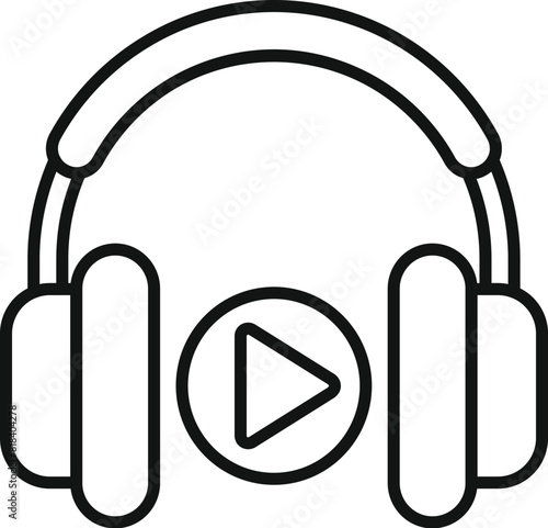 Black line art icon featuring overear headphones with a central play symbol on white background