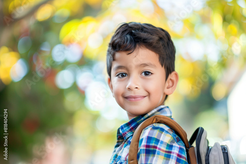 Happy Latino Boy with Backpack Outside Ready for Back to School or Hiking Adventure