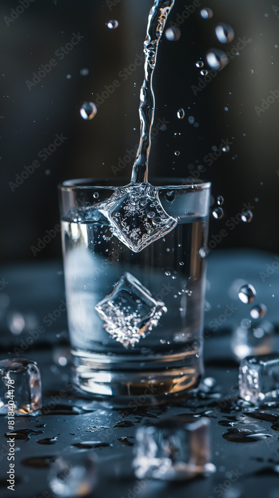 Close-up of water pouring into a glass with ice cubes, Splash and motion captured in detail Close-up of water pouring into a glass with ice cubes, Splash and motion captured in detail