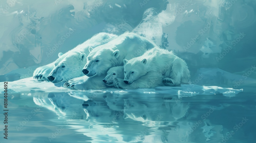 Obraz premium Crisis in the Arctic: Endangered Polar Bear Family Stranded on Melting Ice, Conservation and Climate Change Concept