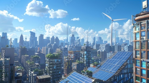Urban Renewal  Cityscape with Solar Panels and Wind Turbines Embracing Renewable Energy Transition
