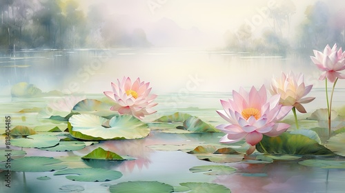 Tranquil watercolor scene depicting a serene pond surrounded by lotus flowers in shades of pink and white