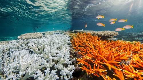 Contrasting Worlds: Vibrant vs. Bleached Coral Reefs - Climate Change's Toll on Marine Biodiversity photo