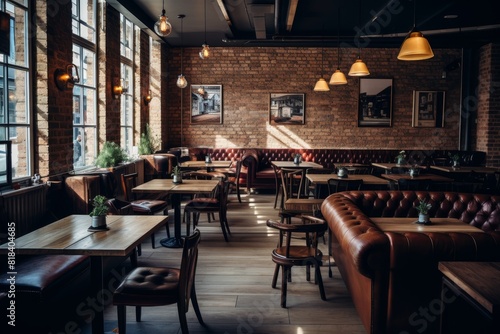 Rustic-Style Café with Exposed Brick Interior and Comfortable Seating Illuminated by Soft Lighting photo