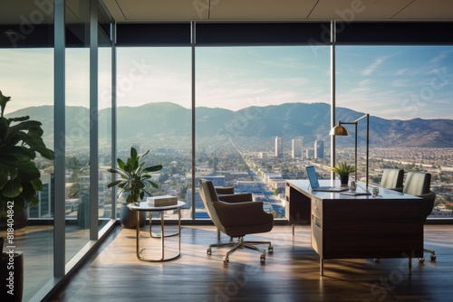 Sophisticated Workspace in Mocha Brown with Contemporary Furniture and an Impressive Urban View © aicandy