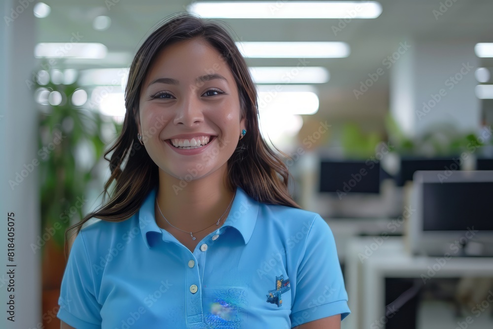 A young mexican community manager wearing a blue polo shirt in a white office, laugh A young mexican community manager wearing a blue polo shirt in a white office, laugh