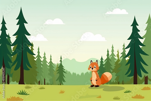 A brown squirrel with a bushy tail stands alert on its hind legs in a forest  illustration