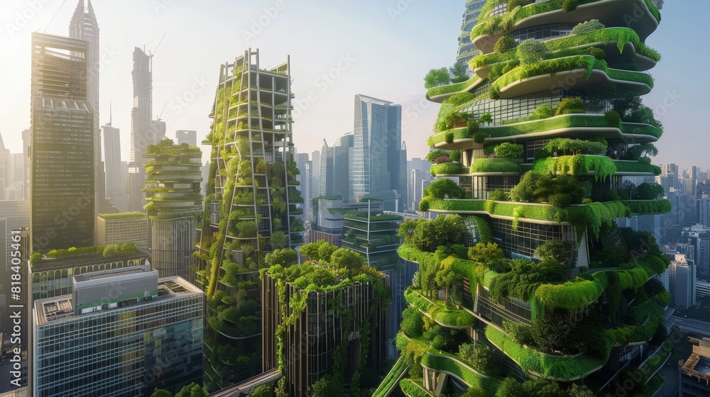 Obraz premium Emerald Metropolis: Futuristic Cityscape with Vertical Gardens and Sustainable Urban Living
