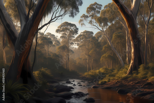 A quintessential eucalypt forest scene across Victoria, NSW, and South Australia, reminiscent of McCubbin's style, with towering gums, dappled sunlight, native flora, and a sense of tranquility photo