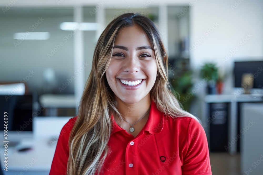 A young mexican community manager wearing a red polo shirt in a well illuminated white office, laugh A young mexican community manager wearing a red polo shirt in a well illuminated white office, laugh