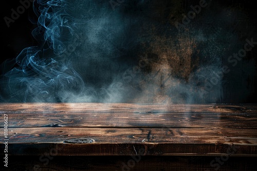 Old wood table top with smoke in the dark background - generative ai