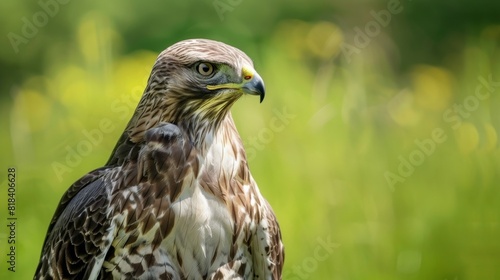 Bird of prey. Portrait of Buzzard. Green nature background.