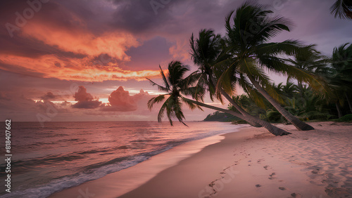 A stunning beach photo turned into a poster featuring a serene  sunset view of the shoreline. The sky is ablaze with warm hues of orange and purple  reflecting beautifully on the calm ocean waters. 