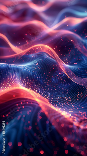 Abstract futuristic background with glowing lines and dots  dark blue  red  and pink colors  waves of light and energy flow in the air  3D rendering  closeup
