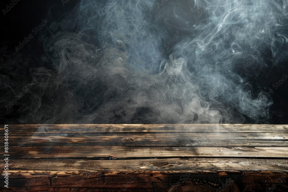 Old wood table top with smoke in the dark background - generative ai